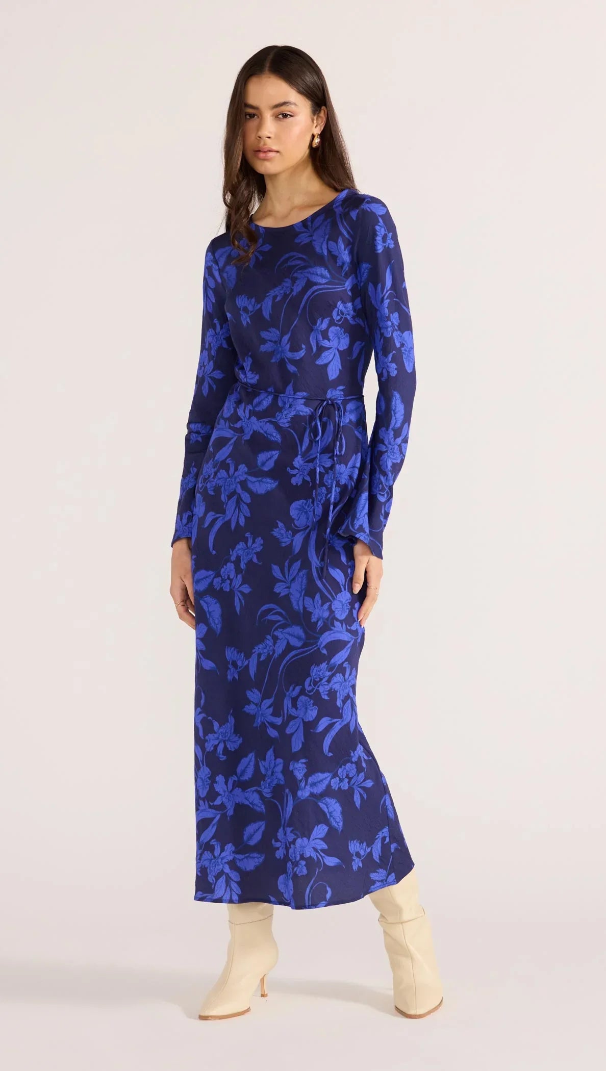 Gianna Blue Floral Bias LS Maxi Dress